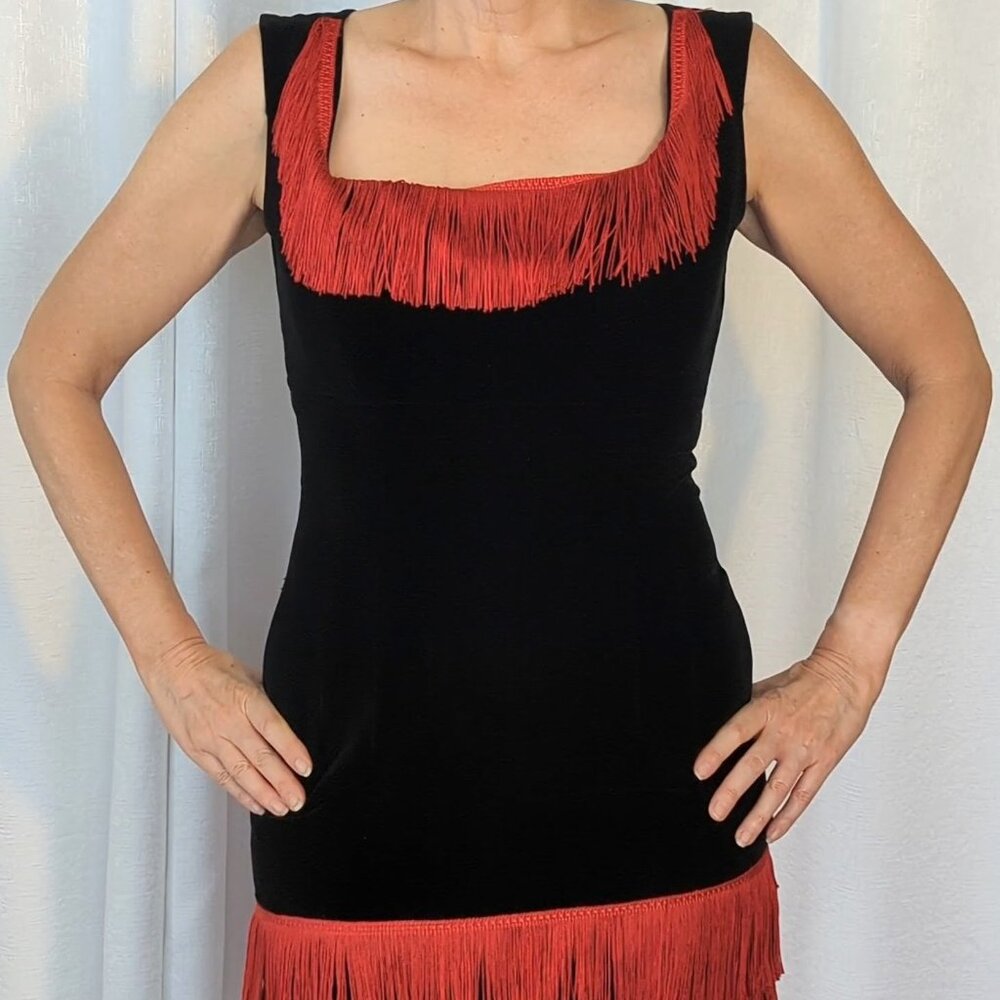 Vintage Cocktail Dress 1960s Black Velvet with Red Fringe Small